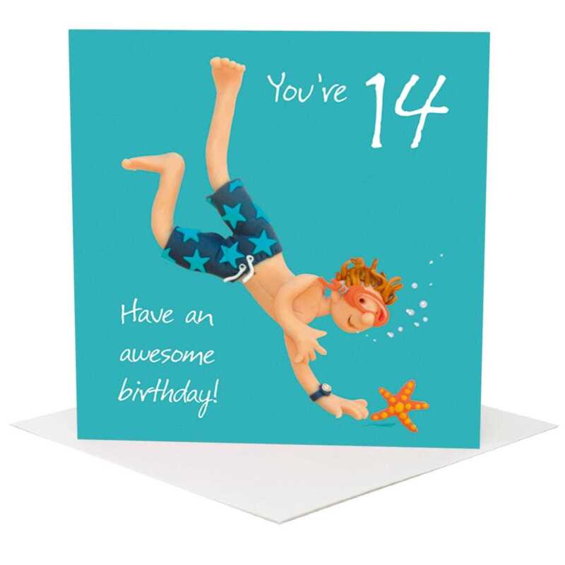 14th birthday card for him - designed by Erica Sturla - 15cm square and blank inside, made in the UK