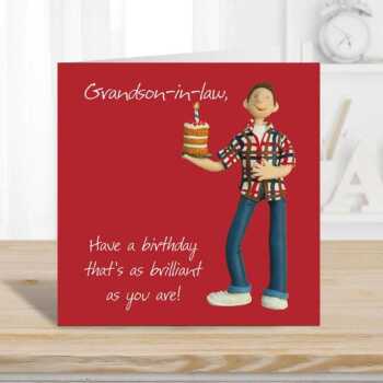 Birthday card for him (grandson-in-law) - designed by Erica Sturla - 15cm square and blank inside, made in the UK