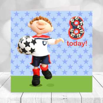 Birthday boy age 8 playing football - child's age birthday - designed by Erica Sturla - 15cm square and blank inside, made in the UK