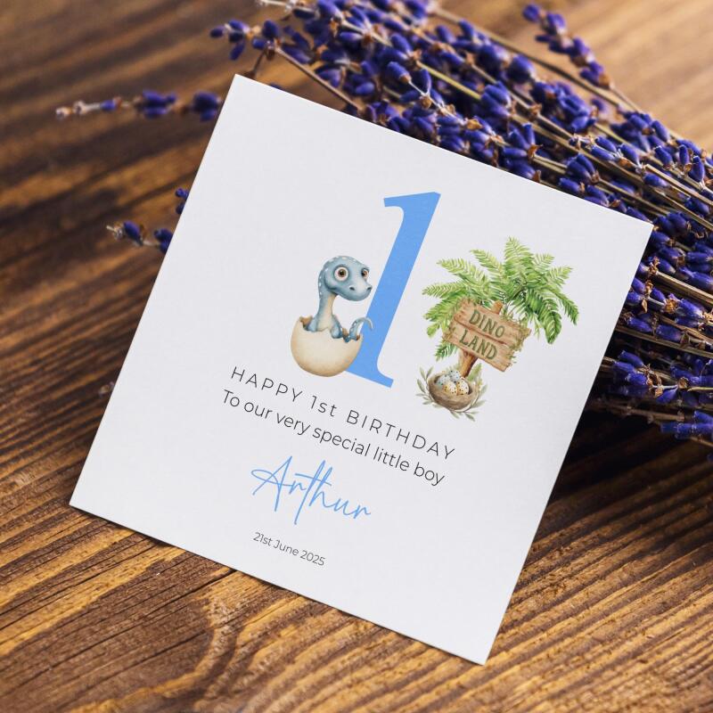 Personalised First Birthday Card Baby Dino in Egg Custom and Handmade for Boys - Smooth No Message - Kraft Brown