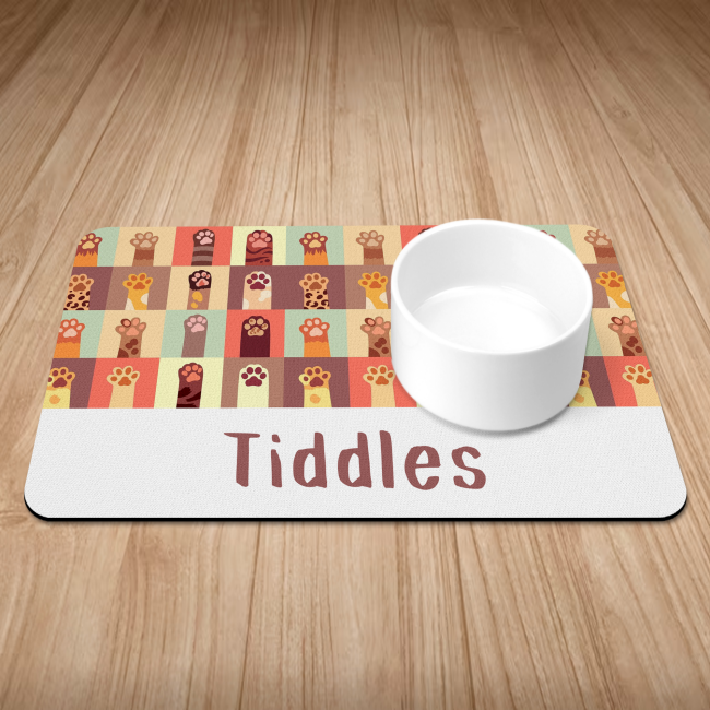 Personalised Retro Cat Paws Print Kitten/Cat Bowl Mat