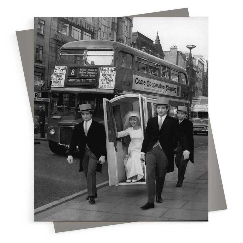 London Wedding - vintage black and white themed card featuring a wedding in London - 12.6 x 17.7cm and blank inside - made in the UK