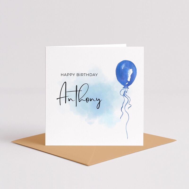 Birthday blue balloon card personalised design custom name script soft handmade greeting - Smooth No Message - Kraft Brown