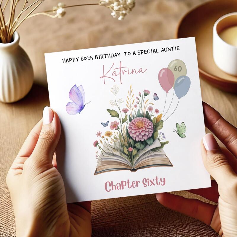 Personalised 60th Birthday Card for Auntie - Floral Book Design with Butterflies & Balloons - Smooth No Message - Custom Add to Notes