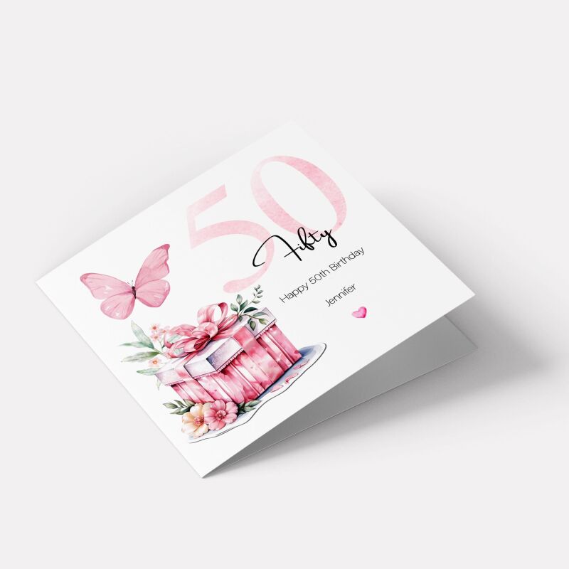 Personalised 50th Birthday Card for Her Pink Butterfly, Gift Box & Flowers Milestone Greeting Womens - Smooth No Message - Kraft Brown