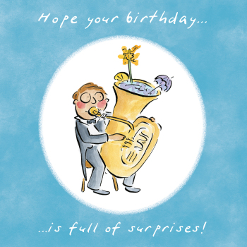 Holy Mackerel Full of surprises (male), a tuba themed Rosie Brooks birthday greetings card, 150mm square, printed in the UK on board from sustainable sources