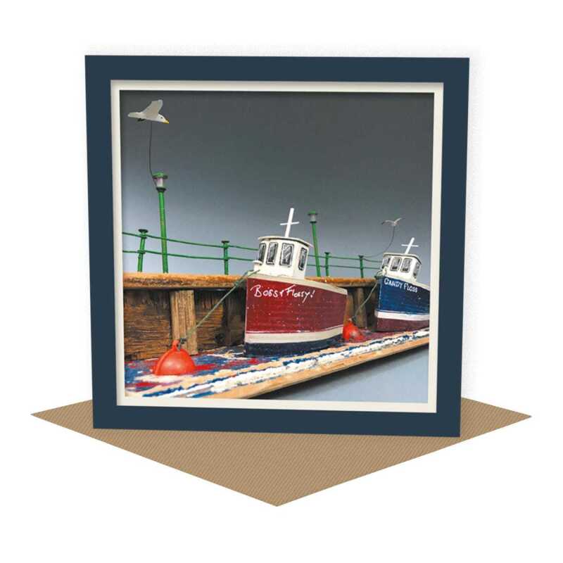 Flossy - quayside fishing boats themed blank card - designed by Seth Draper - 15cm square and blank inside, made in the UK