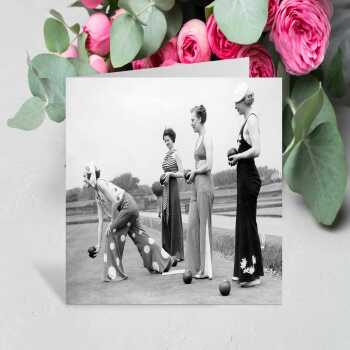 Bowling belles, retro photographic card featuring fashionable ladies bowling - 12.6 x 17.7cm and blank inside - made in the UK