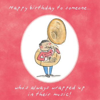 Wrapped up Music Themed Birthday Greetings Card by Artist Rosie Brooks. Card is 150mm Square.