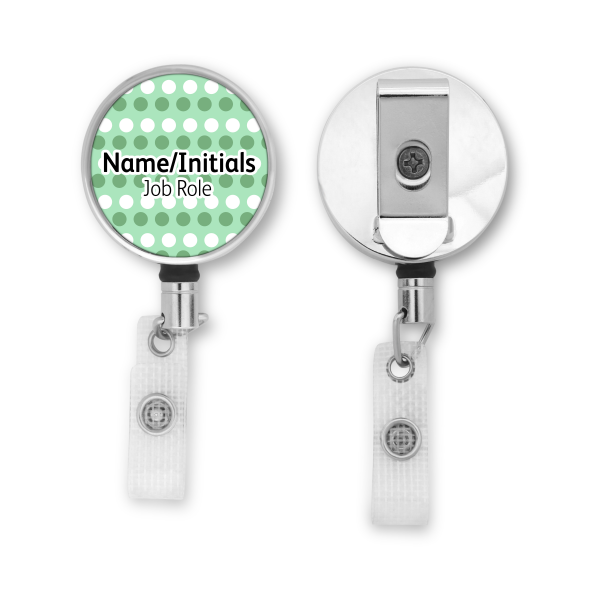 Personalised Metal ID Reel - Green & White Polka Dots