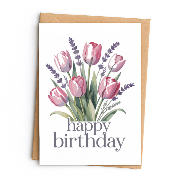 Birthday Card - Happy Birthday Tulips - Small (Approx. A6 | 105mm x 148mm | 4.1in x 5.8in) - Standard Smooth Card