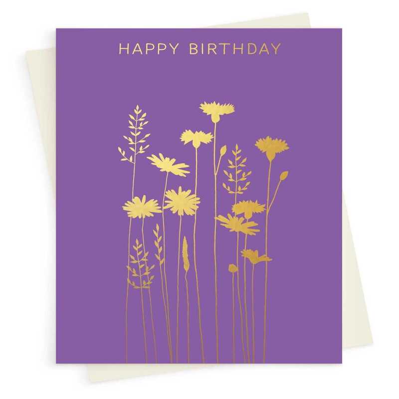 Happy birthday card with a pretty gold foil cornflower and daisy print - designed by artist Eloise Hall - 15.7 x 11cm and blank inside