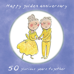 Holy Mackerel 50th (golden) wedding anniversary card by Artist Rosie Brooks. 15cm square and blank inside. Anniversary card for him, her, husband, wife, couple etc