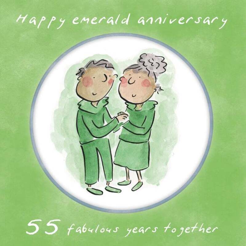 Holy Mackerel 55th (emerald) wedding anniversary card by Artist Rosie Brooks. 15cm square and blank inside. Anniversary card for him, her, husband, wife, couple etc