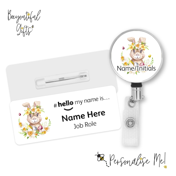 #hello my name is... Name Badge & Metal ID Reel - Floral Easter Bunny