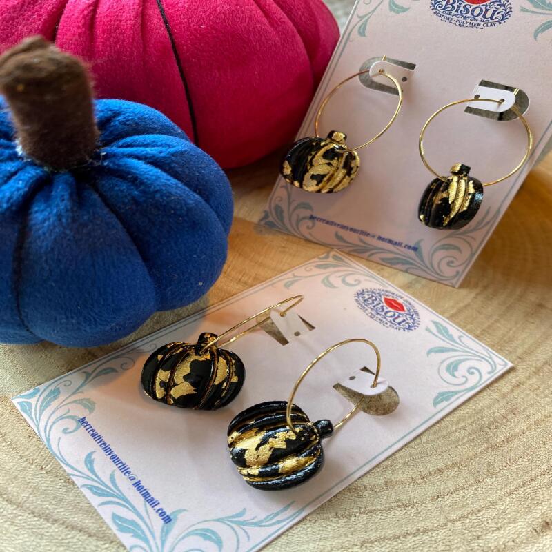 Gold Leaf Pumpkin Earrings, Black Polymer Clay Hoop Earrings