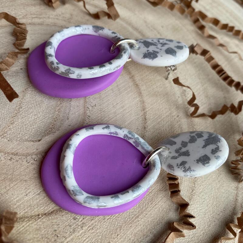 Handmade Lilac Clay Earrings: Silver Leaf Organic Circle Statement Earrings
