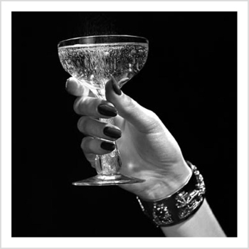 Holy Mackerel hand holding glass retro black and white photographic card featuring a vintage image of a champagne coup - 15cm square and blank inside