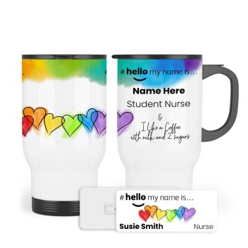 Hello My Name is Name Badge Rainbow Hearts Personalised Premium Durable Name Badge & Travel Mug Name Badge Nurse Badge Name Badge Travel Mug