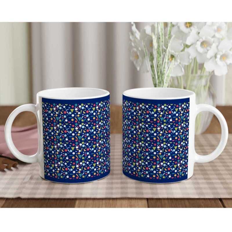 Colour Triangles and Circles on Blue Ceramic Mug - Ceramic White