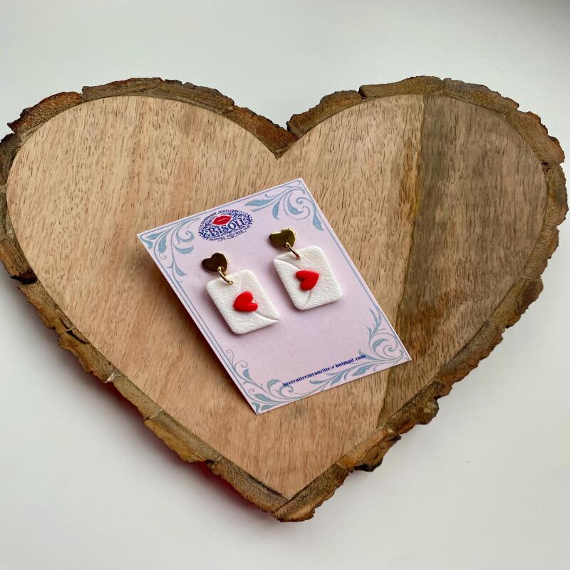 Heart Envelope Dangle Earrings | Handmade Polymer Clay Love Letter - silver