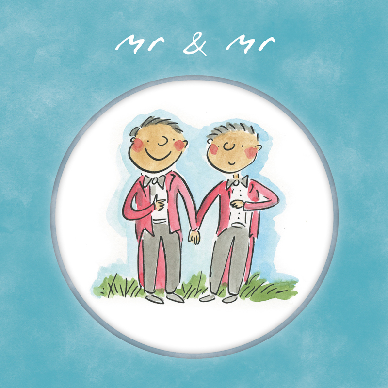 Holy Mackerel Mr and Mr, a Rosie Brooks same sex wedding card, 15cm square, printed in the UK on board from sustainable sources