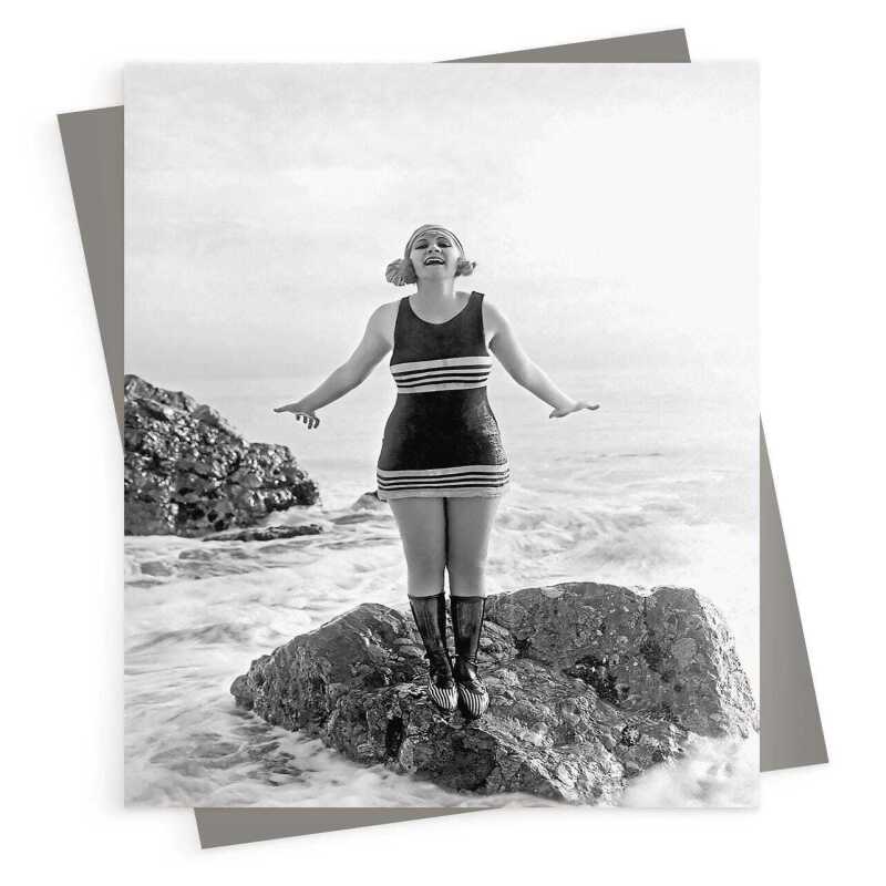 Excited swimmer - Black and white photographic vintage swimming themed card  - 12.6 x 17.7cm and blank inside, made in the UK