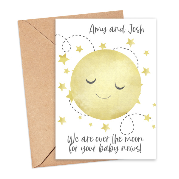 Personalised New Baby Card - We Are Over The Moon For Your Baby News - Small (Approx. A6 | 105mm x 148mm | 4.1in x 5.8in) - Standard Smooth Card