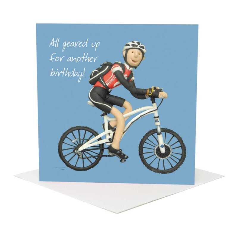 Geared up bike themed birthday card for him - designed by Erica Sturla - 15cm square and blank inside, made in the UK