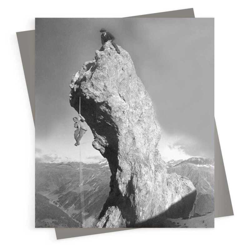 Peak performance, black and white vintage photographic card featuring rock climbers - 12.6 x 17.7cm and blank inside - made in the UK