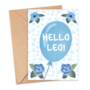 Personalised New Baby Card - Hello Blue Balloon Floral Themed
