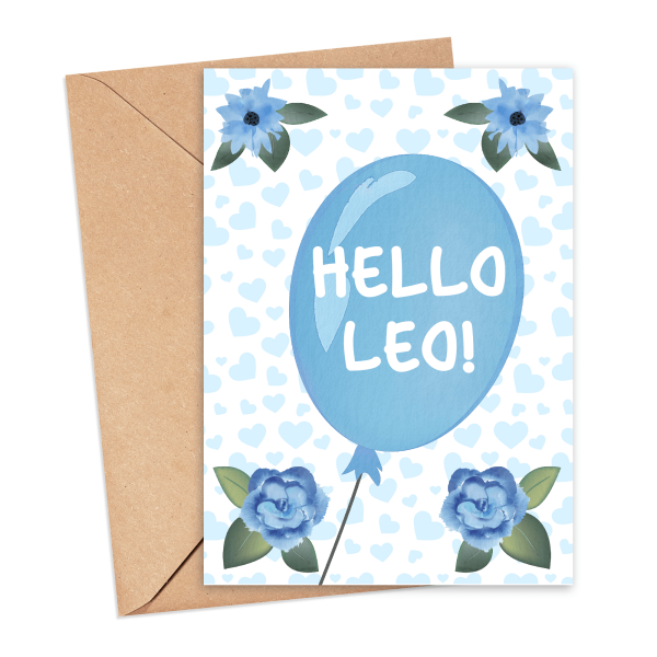 Personalised New Baby Card - Hello Blue Balloon Floral Themed - Small (A6)