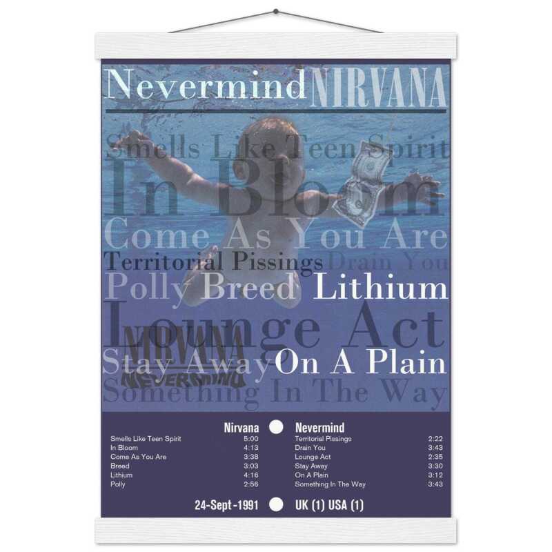Nirvana Nevermind Tracklist Poster, Museum-Quality Matte Print with Hanger - White wall hanger