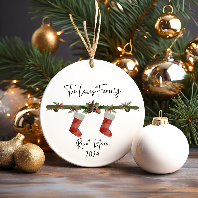 Personalised Christmas Stocking Decoration, Family Christmas Tree Ornament, Stocking Decoration, Christmas Bauble, Family And Pet Decoration - RED