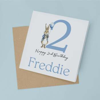 Personalised Boys 2nd Birthday Card For Boy Featuring A Cute Bunny In Blue Custom Second Birthday Gift