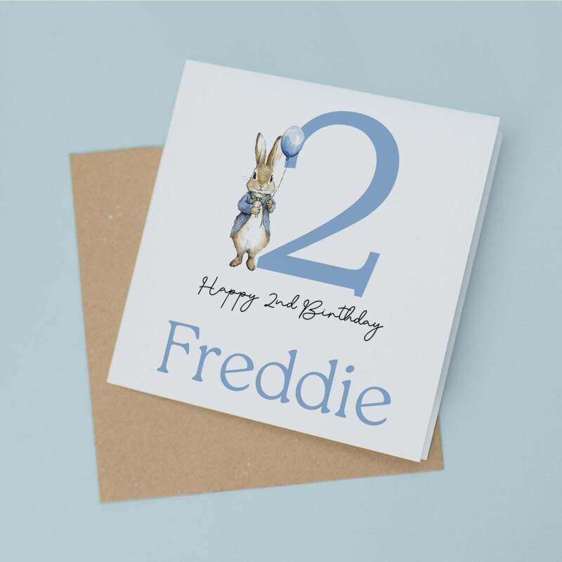 Personalised Boys 2nd Birthday Card For Boy Featuring A Cute Bunny In Blue Custom Second Birthday Gift - Square (5.5x5.5) / Blank Inside