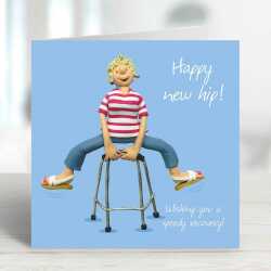 Funny female happy new hip card to send get well wishes - designed by Erica Sturla - 15cm square and blank inside, made in the UK