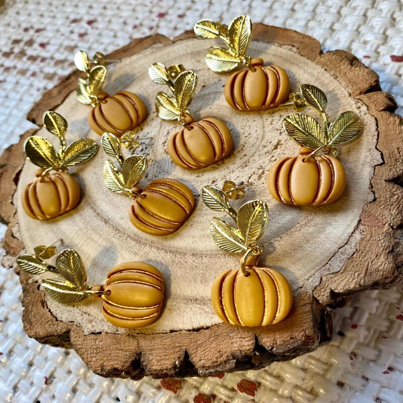 Polymer Clay Pumpkin Earrings: Gold Leaf Autumn Dangles