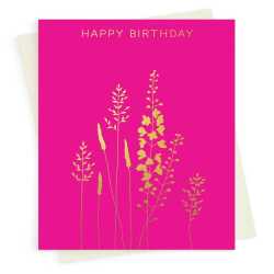 Happy birthday card with a pretty gold foil meadow print - designed by artist Eloise Hall - 15.7 x 11cm and blank inside