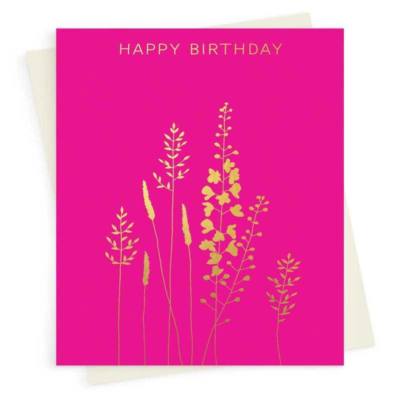 Happy birthday card with a pretty gold foil meadow print - designed by artist Eloise Hall - 15.7 x 11cm and blank inside