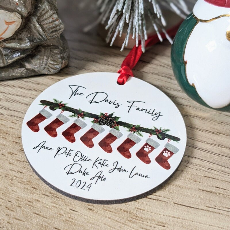 Personalised Christmas Stocking Decoration, Family Christmas Tree Ornament, Stocking Decoration, Christmas Bauble, Family And Pet Decoration - RED