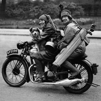 Holy Mackerel all aboard retro black and white photographic card featuring a vintage image of two friends and a dog on their motorbike with golf clubs - 15cm square and blank inside