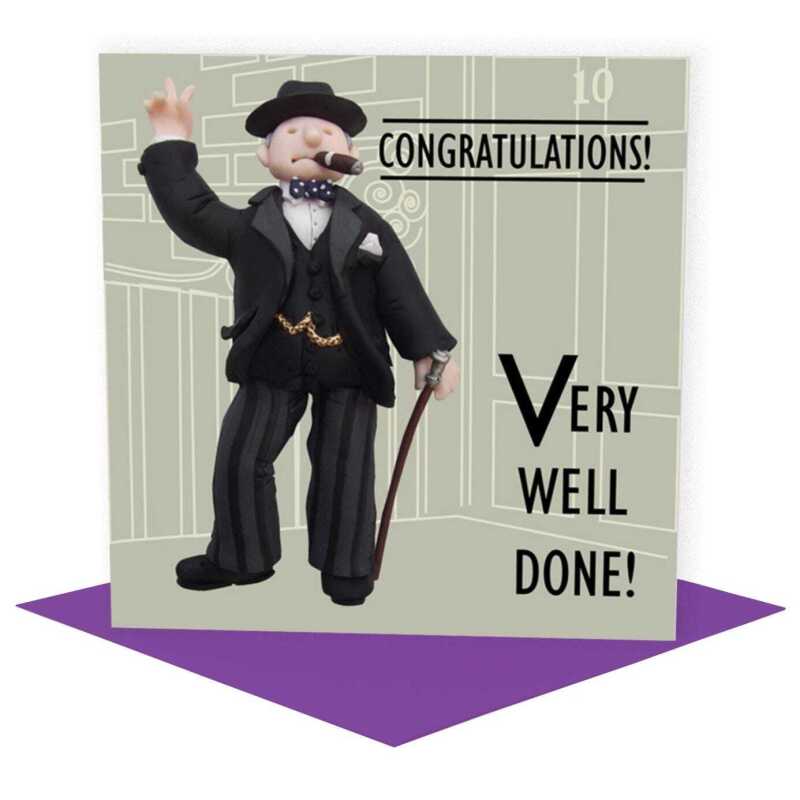 Very well done - Winston Churchill themed birthday card - designed by Erica Sturla - 15cm square and blank inside, made in the UK