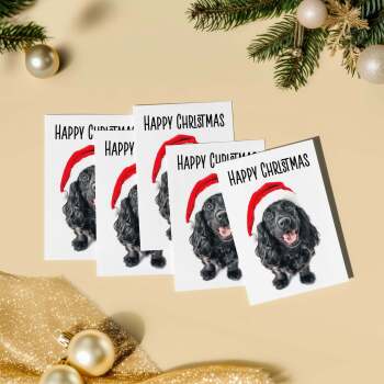 5 x Fun Christmas Card of a Black Cocker Spaniel Dog Wearing A Santa Hat Whimsical Christmas Card For Animal Lover For Him or Her