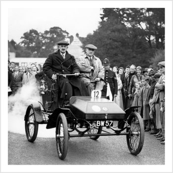 Holy Mackerel racing machine retro black and white photographic card featuring a vintage image of two men in a classic car - 15cm square and blank inside