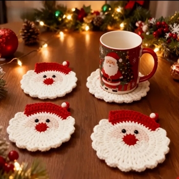 Christmas Santa Claus Hand-Crocheted Coaster Set