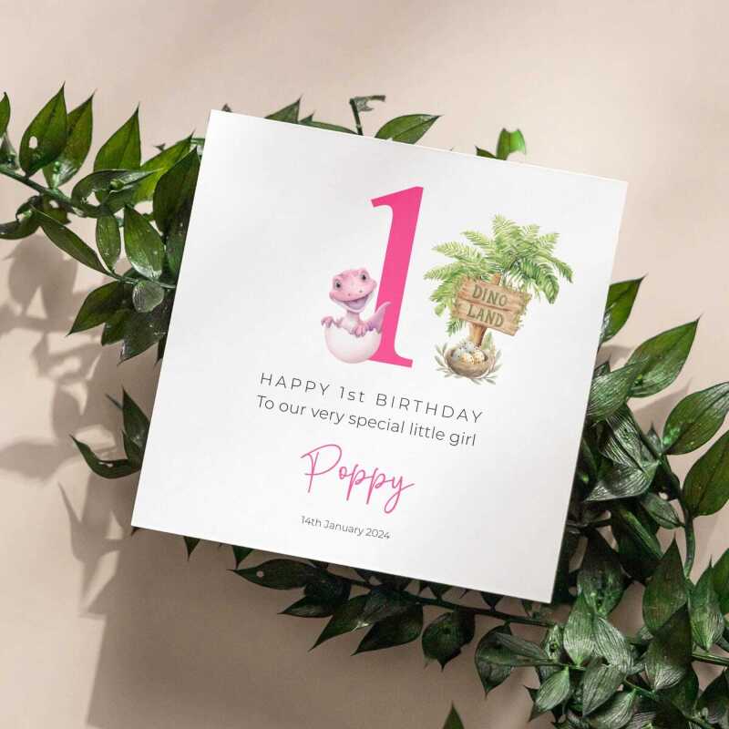 Personalised 1st birthday, 2nd or 3rd Baby Dinosaur Card Customised Handmade for Girls - Smooth No Message - Kraft Brown