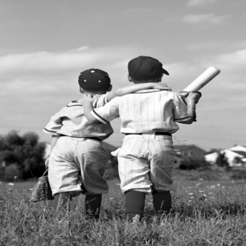 Holy Mackerel baseball boys retro black and white photographic card featuring a vintage image of friends playing - 12.6 x 17.7cm and blank inside