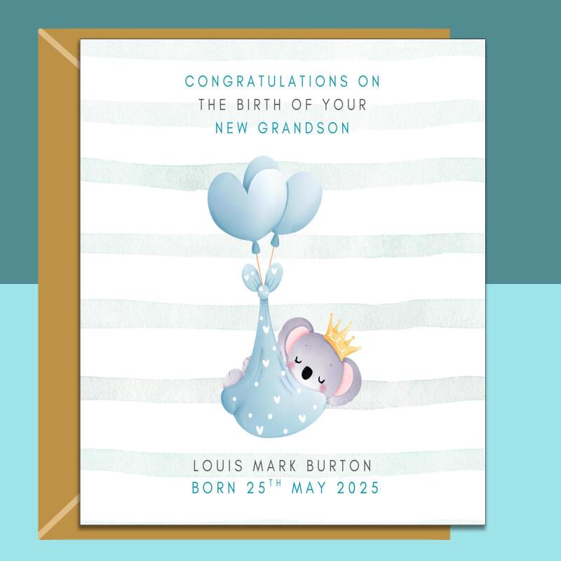 Your New Grandson - Congratulations Baby Card - Personalised - Perfect for new grandma, granddad, grandparents. - Blank inside - Regular - Matte