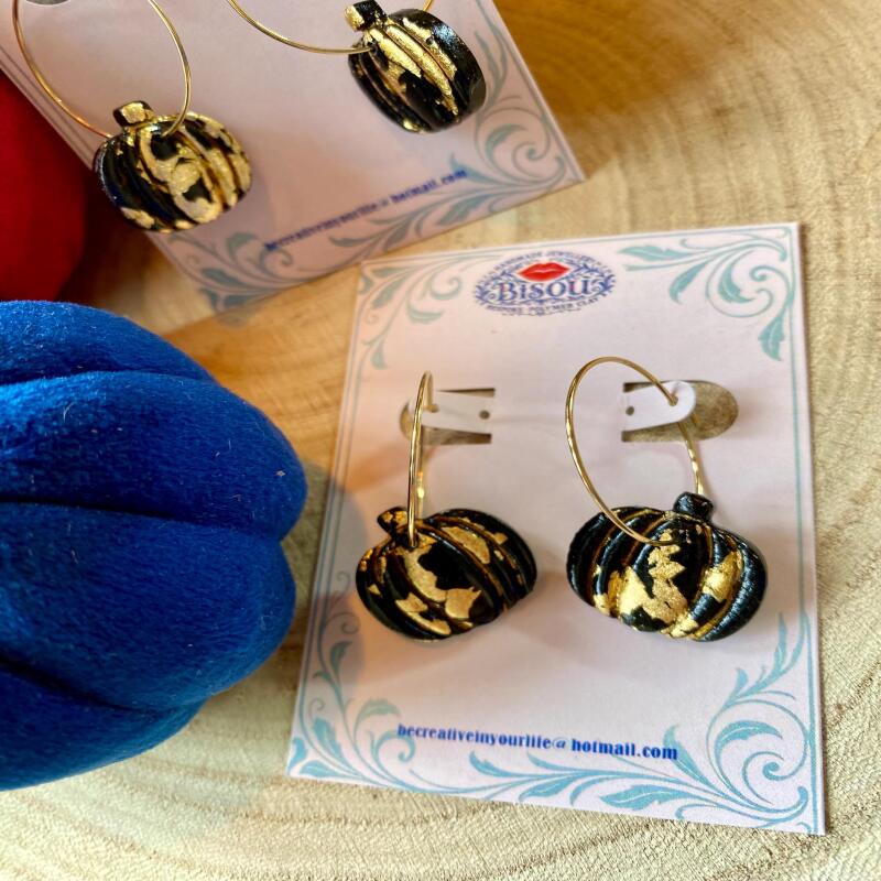 Gold Leaf Pumpkin Earrings, Black Polymer Clay Hoop Earrings